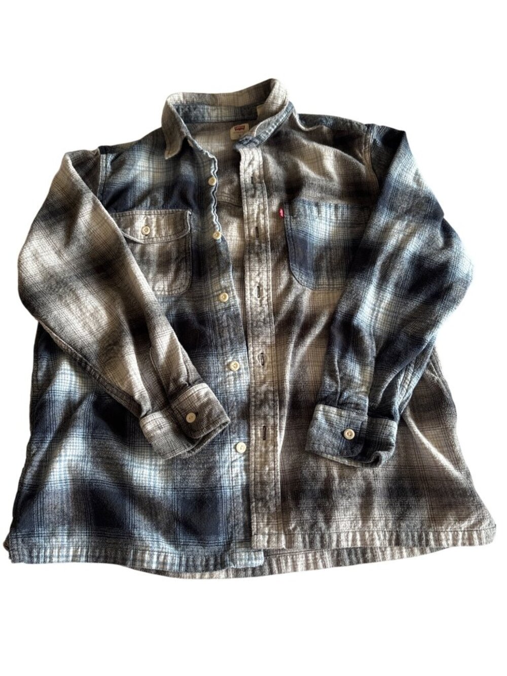 Levis Mens Medium Plaid Button-Up Flannel Shirt In Blue & Gray Vintage